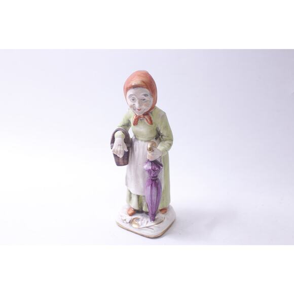 Old Lady with an Umbrella Carrying a Basket, Porcelain Figurine, 7 inches, - Picture 1 of 3